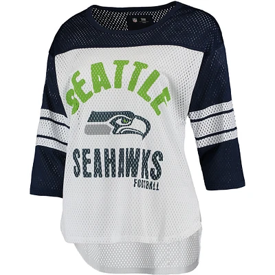 Women's G-III 4Her by Carl Banks White/Navy Seattle Seahawks First Team 3/4-Sleeve Mesh T-Shirt