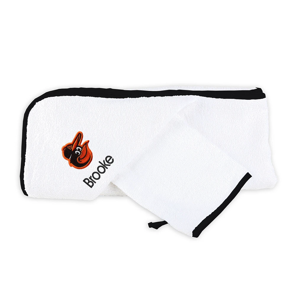 Infant White Baltimore Orioles Personalized Hooded Towel & Mitt Set