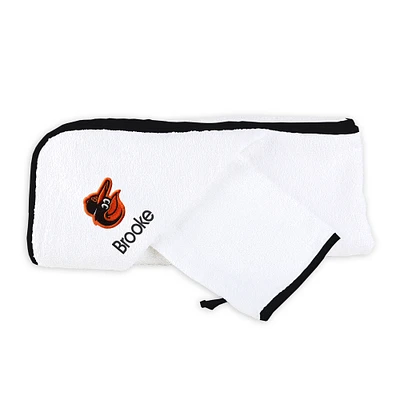 Infant White Baltimore Orioles Personalized Hooded Towel & Mitt Set
