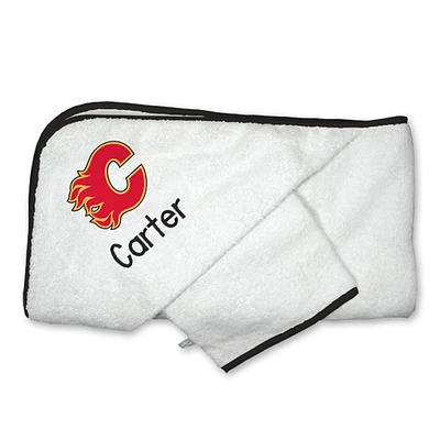 Infant White Calgary Flames Personalized Hooded Towel & Mitt Set