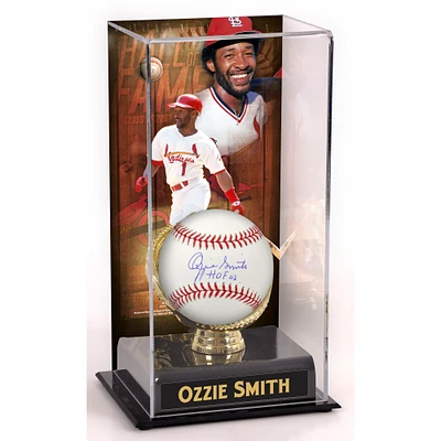 Ozzie Smith St. Louis Cardinals Autographed Baseball with "HOF 02" Inscription and Hall of Fame Sublimated Display Case