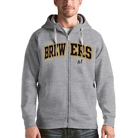 Men's Antigua Heathered Gray Milwaukee Brewers Victory Full-Zip Hoodie