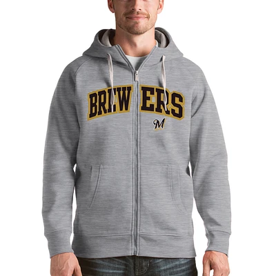 Men's Antigua Heathered Gray Milwaukee Brewers Victory Full-Zip Hoodie