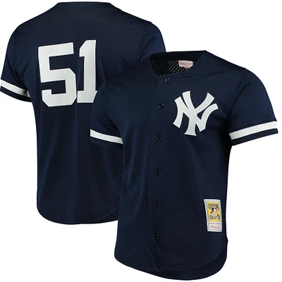 Men's Mitchell & Ness Bernie Williams Navy New York Yankees Cooperstown Collection Mesh Batting Practice Button-Up Jersey
