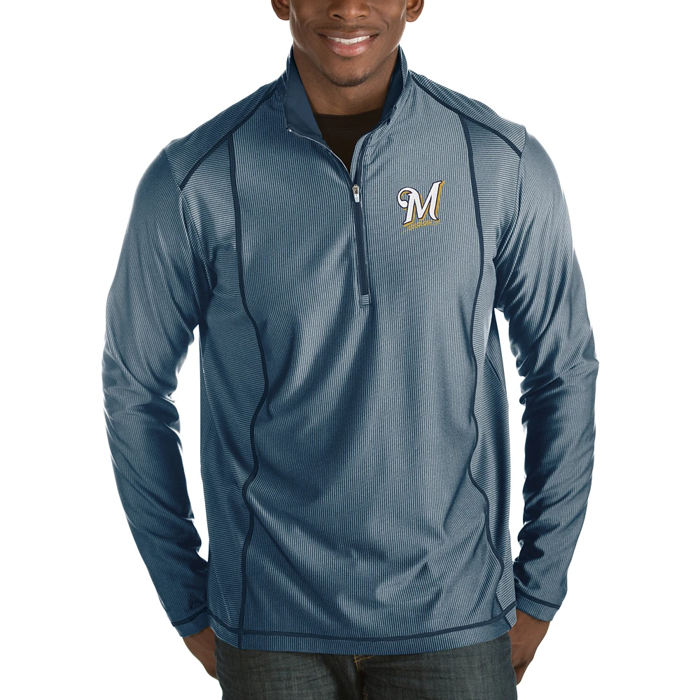 Men's Antigua Heathered Navy Milwaukee Brewers Tempo Half-Zip Pullover Jacket