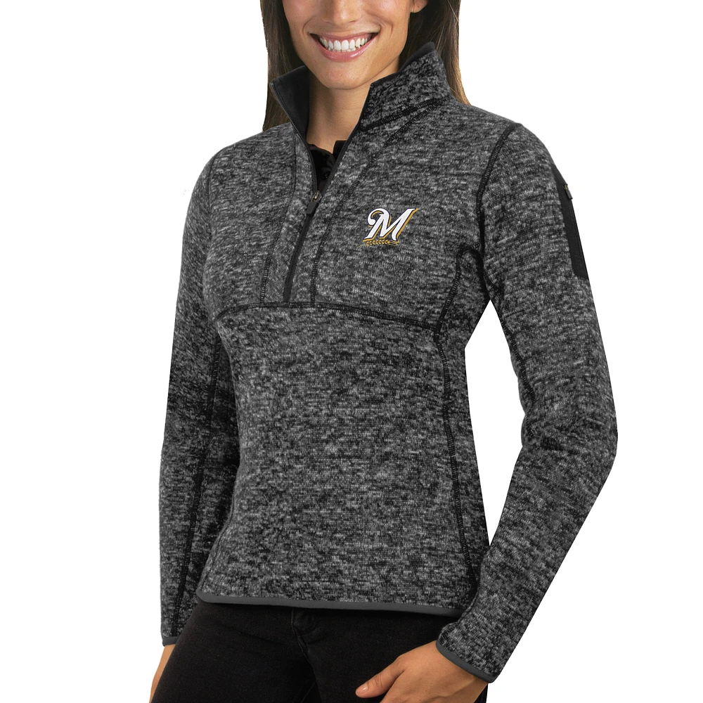 Women's Antigua Heathered Charcoal Milwaukee Brewers Fortune Half-Zip Pullover Sweater