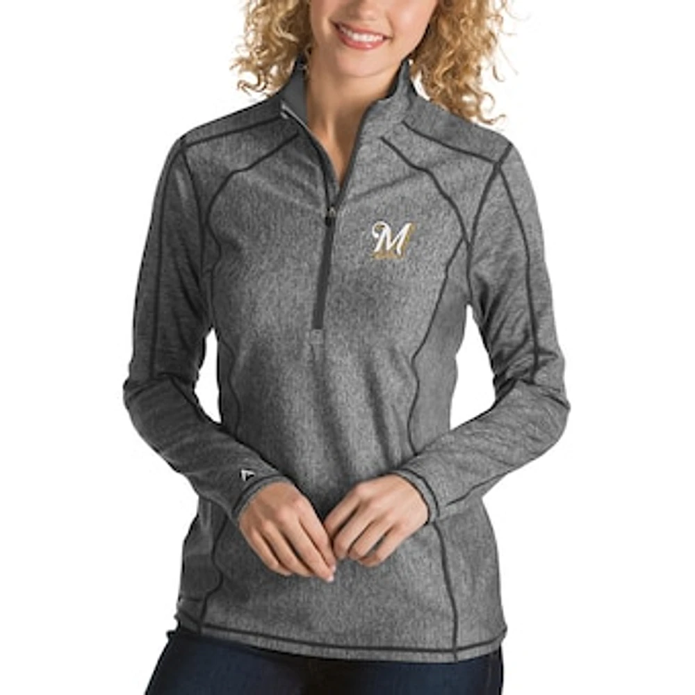 Women's Antigua Heathered Charcoal Milwaukee Brewers Tempo Desert Dry 1/4-Zip Pullover Jacket