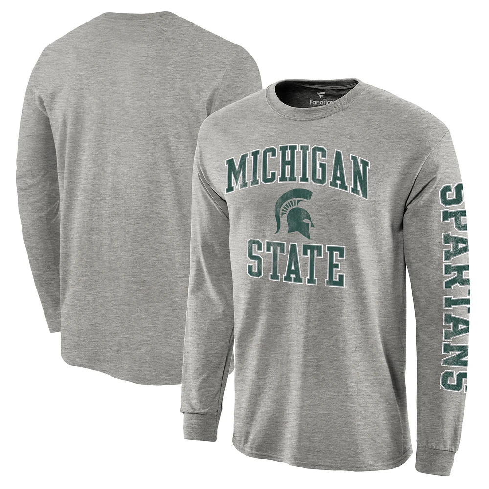 Men's Fanatics Gray Michigan State Spartans Distressed Arch Over Logo Long Sleeve Hit T-Shirt