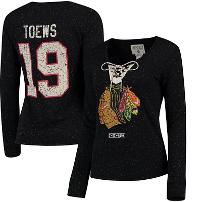 Women's Reebok Jonathan Toews Black Chicago Blackhawks Henley Lace Up Name & Number Long Sleeve T-Shirt