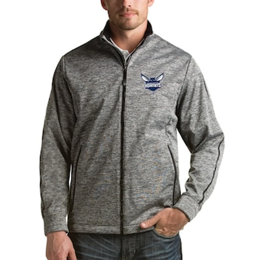 Men's Antigua Heathered Black Charlotte Hornets Golf Full Zip Jacket