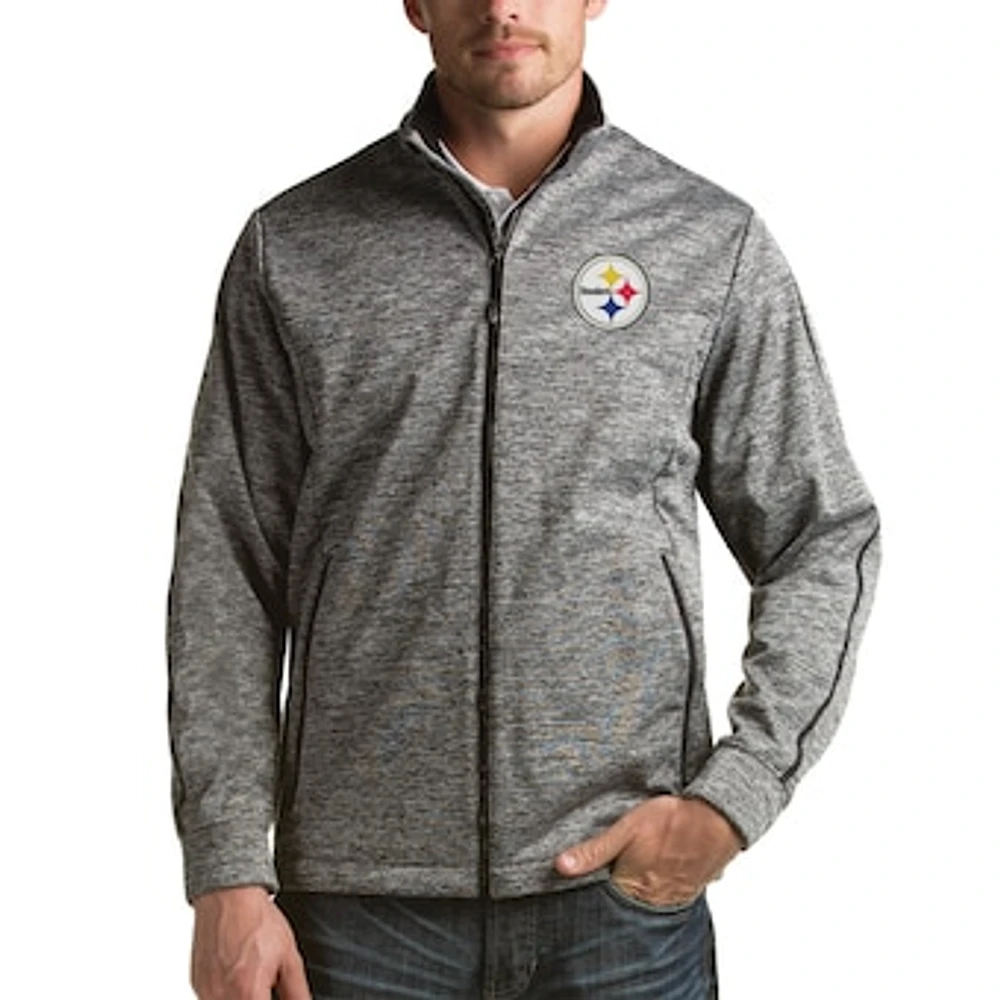 Men's Antigua Heathered Black Pittsburgh Steelers Full-Zip Golf Jacket