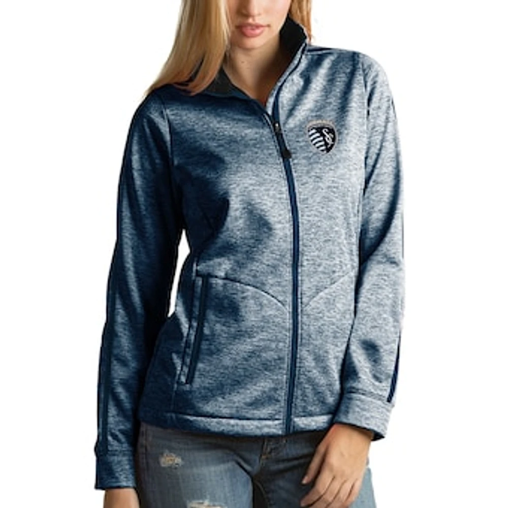 Women's Antigua Heathered Navy Sporting Kansas City Golf Full Zip Jacket