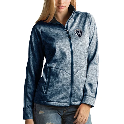 Women's Antigua Heathered Navy Sporting Kansas City Golf Full Zip Jacket