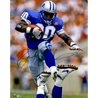 Barry Sanders Detroit Lions Autographed 16" x 20" Blue Jersey Vertical Photograph