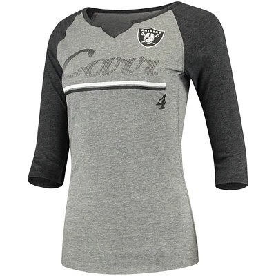 Women's Juniors Derek Carr Heathered Gray/Black Las Vegas Raiders Over the Line Player Name & Number Tri-Blend 3/4-Sleeve V-Notch T-Shirt