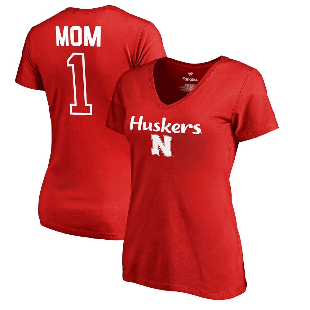 Women's Fanatics Scarlet Nebraska Huskers Number 1 Mom V-Neck T-Shirt