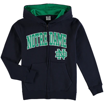 Youth Navy Notre Dame Fighting Irish Applique Arch & Logo Full-Zip Hoodie