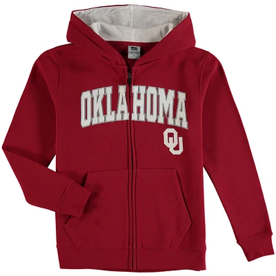 Youth Crimson Oklahoma Sooners Applique Arch & Logo Full-Zip Hoodie