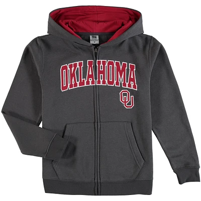 Youth Charcoal Oklahoma Sooners Applique Arch & Logo Full-Zip Hoodie