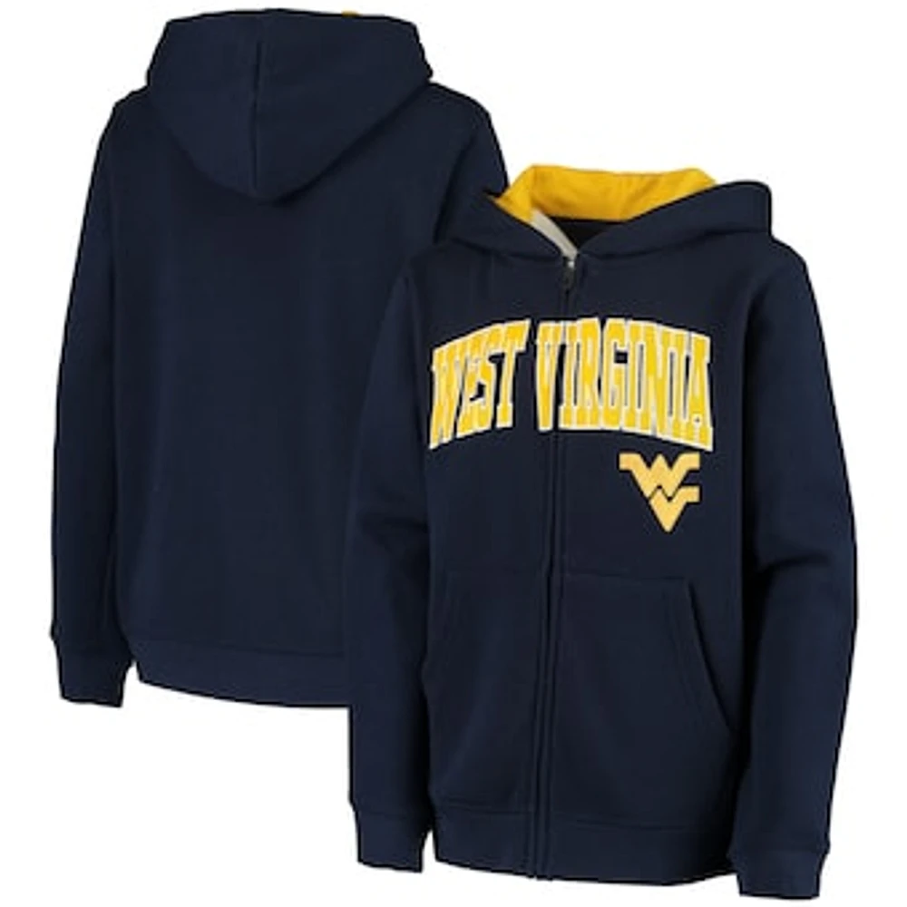 Youth Navy West Virginia Mountaineers Applique Arch & Logo Full-Zip Hoodie