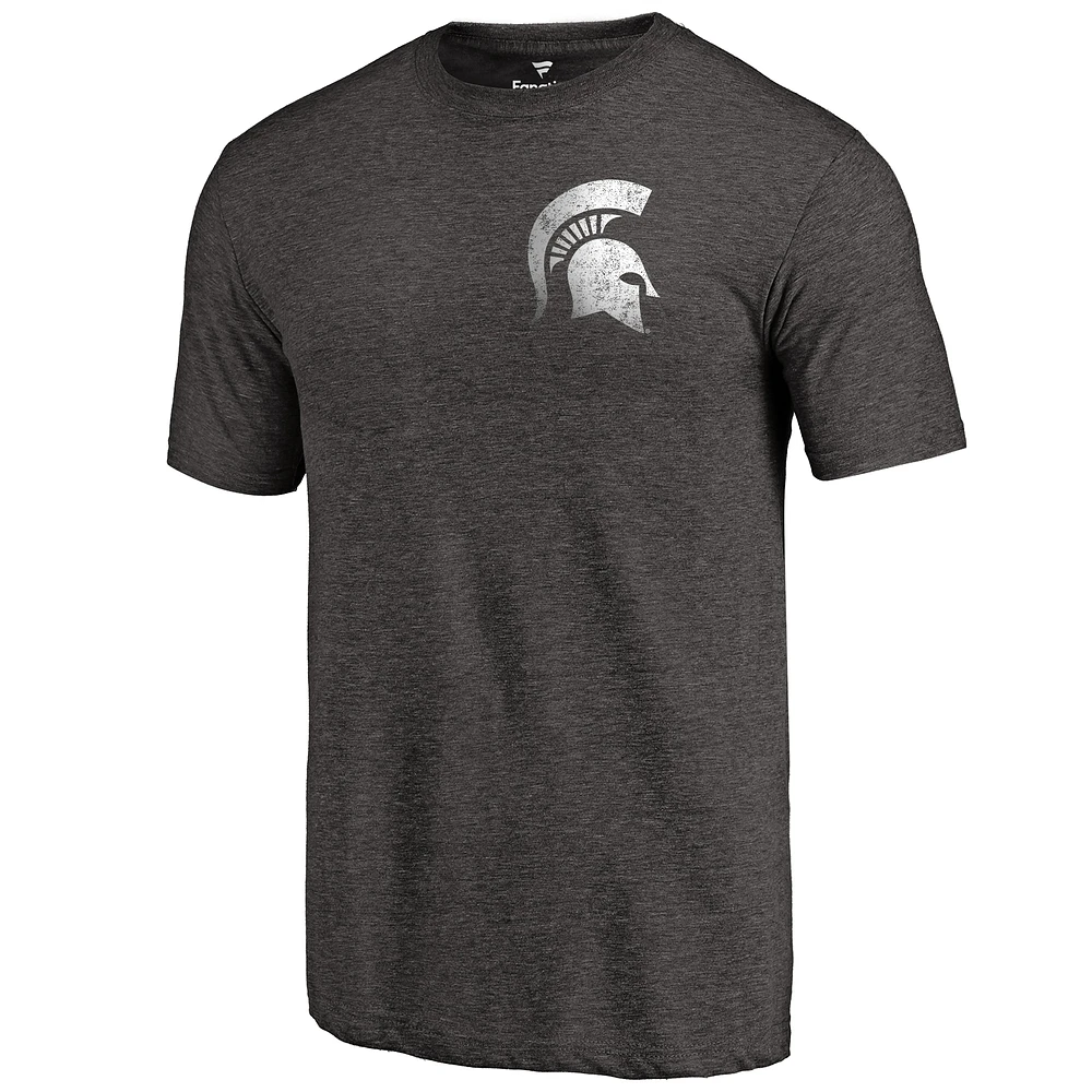 Men's Black Heather Michigan State Spartans Left Chest Distressed Logo Tri-Blend T-Shirt