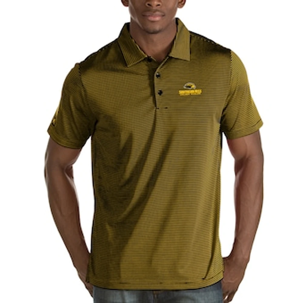 Men's Antigua Black/Gold Southern Miss Golden Eagles Quest Stripe Desert Dry Polo