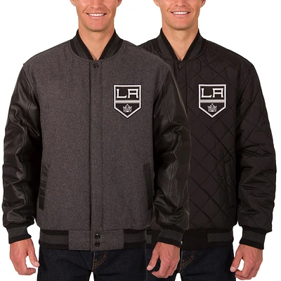Men's JH Design Charcoal/Black Los Angeles Kings Two Hit Wool & Leather Reversible Jacket