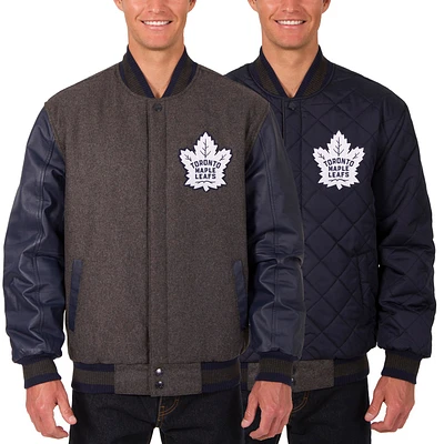 Men's JH Design Charcoal/Navy Toronto Maple Leafs Two Hit Wool & Leather Reversible Jacket