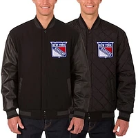 Men's JH Design Black New York Rangers Two Hit Wool & Leather Reversible Jacket