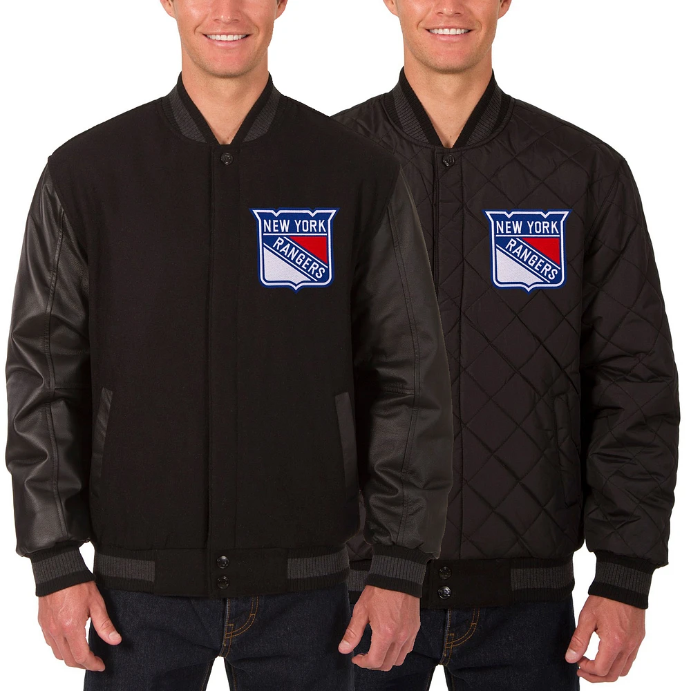 Men's JH Design Black New York Rangers Two Hit Wool & Leather Reversible Jacket