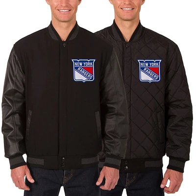 Men's JH Design Black New York Rangers Two Hit Wool & Leather Reversible Jacket