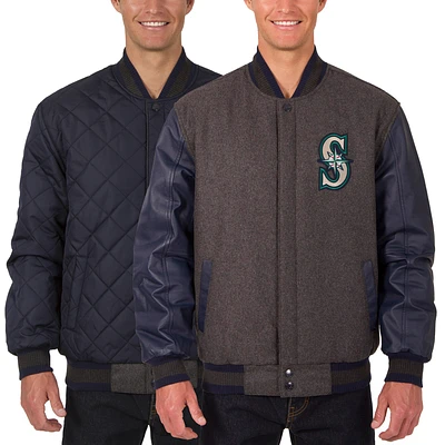 Men's JH Design Charcoal/Navy Seattle Mariners Wool Leather Reversible Full-Snap Jacket