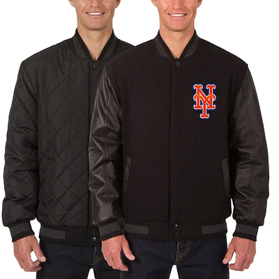 Men's JH Design Black New York Mets Wool Leather Reversible Full-Snap Jacket