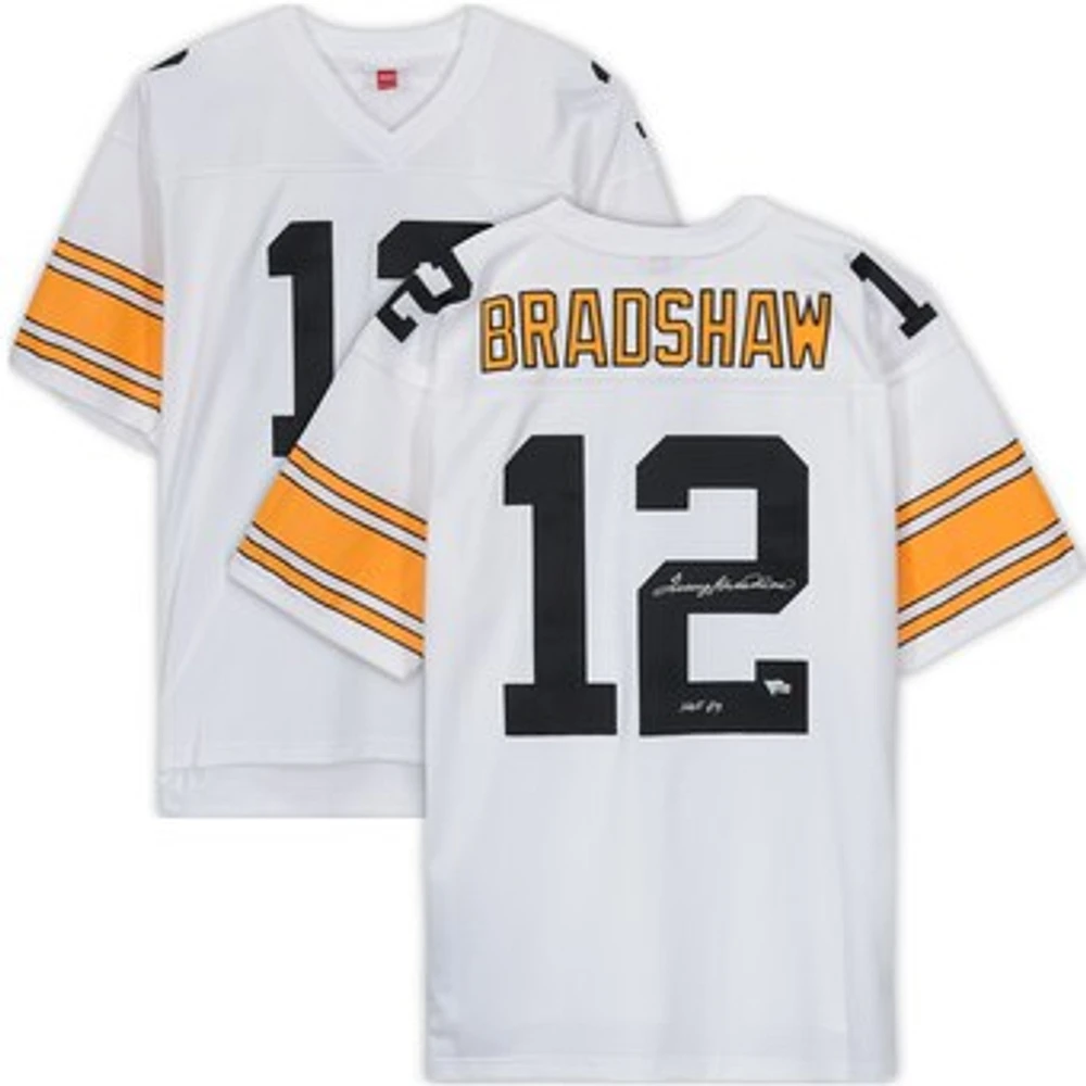 Terry Bradshaw Pittsburgh Steelers Autographed White Mitchell & Ness Replica Jersey with "HOF 89" Inscription