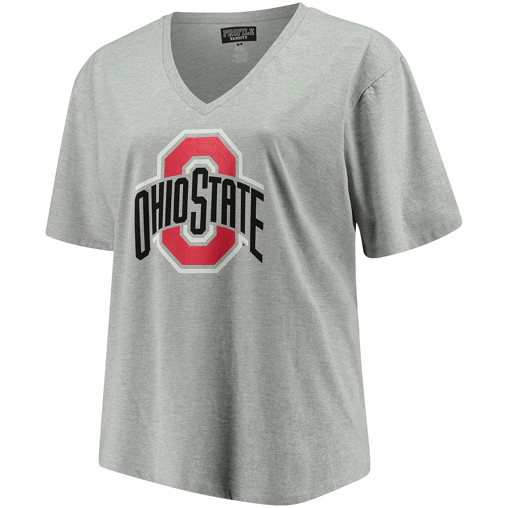 Women's Heather Gray Ohio State Buckeyes Plus Primary Logo V-Neck T-Shirt