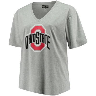 Women's Heather Gray Ohio State Buckeyes Plus Primary Logo V-Neck T-Shirt
