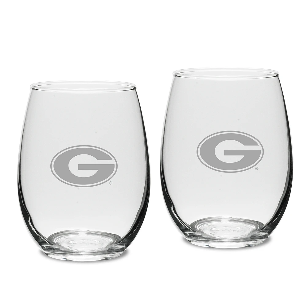 Georgia Bulldogs Set of 2 Deep Etched Engraved Stemless Wine Glasses