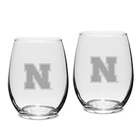 Nebraska Huskers Set of 2 Deep Etched Engraved Stemless Wine Glasses
