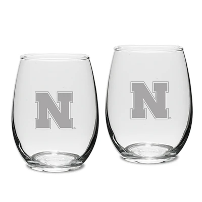 Nebraska Huskers Set of 2 Deep Etched Engraved Stemless Wine Glasses