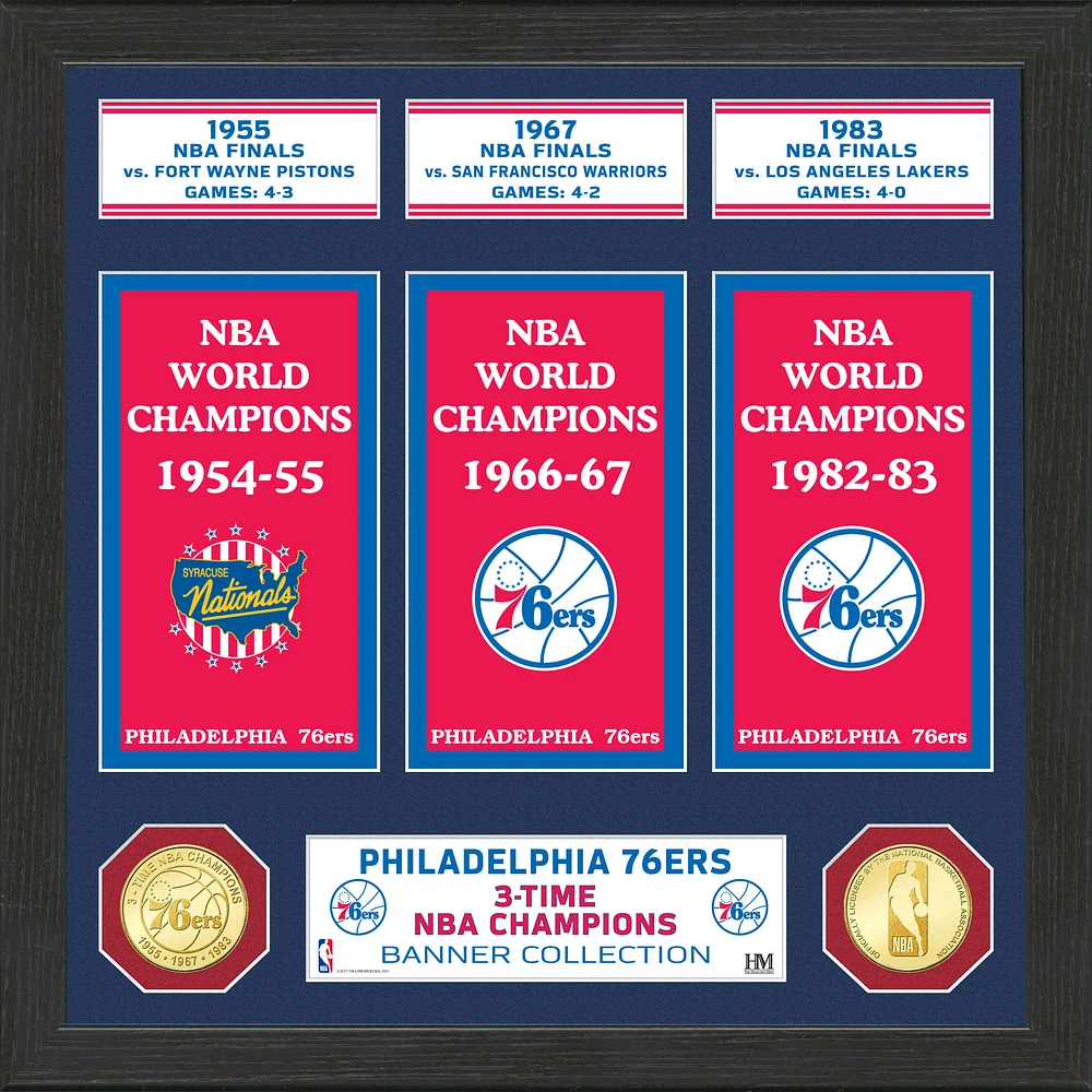 Highland Mint Philadelphia 76ers 15" x 12" 3-Time NBA Finals Champions Banner Bronze Coin Photo Mint