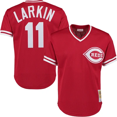 Men's Mitchell & Ness Barry Larkin Cincinnati Reds Cooperstown Collection Mesh Batting Practice Button-Up Jersey