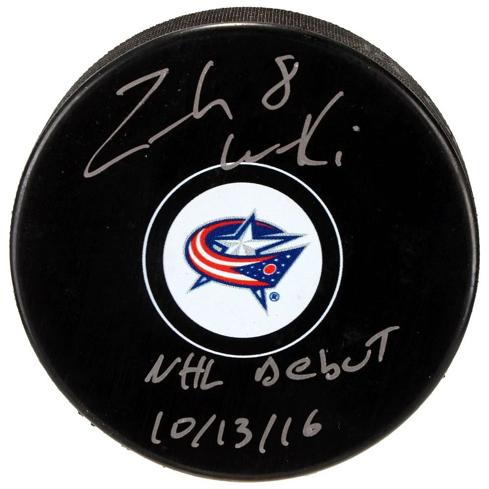 Zach Werenski Columbus Blue Jackets Autographed Hockey Puck with NHL Debut 10/13/16 Inscription