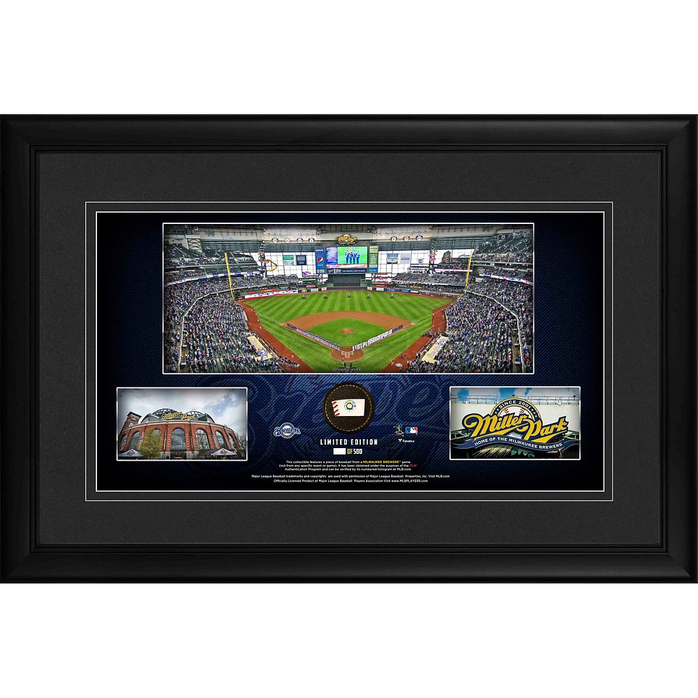 Milwaukee Brewers Framed 10" x 18" Stadium Panoramic Collage with a Piece of Game-Used Baseball - Limited Edition of 500