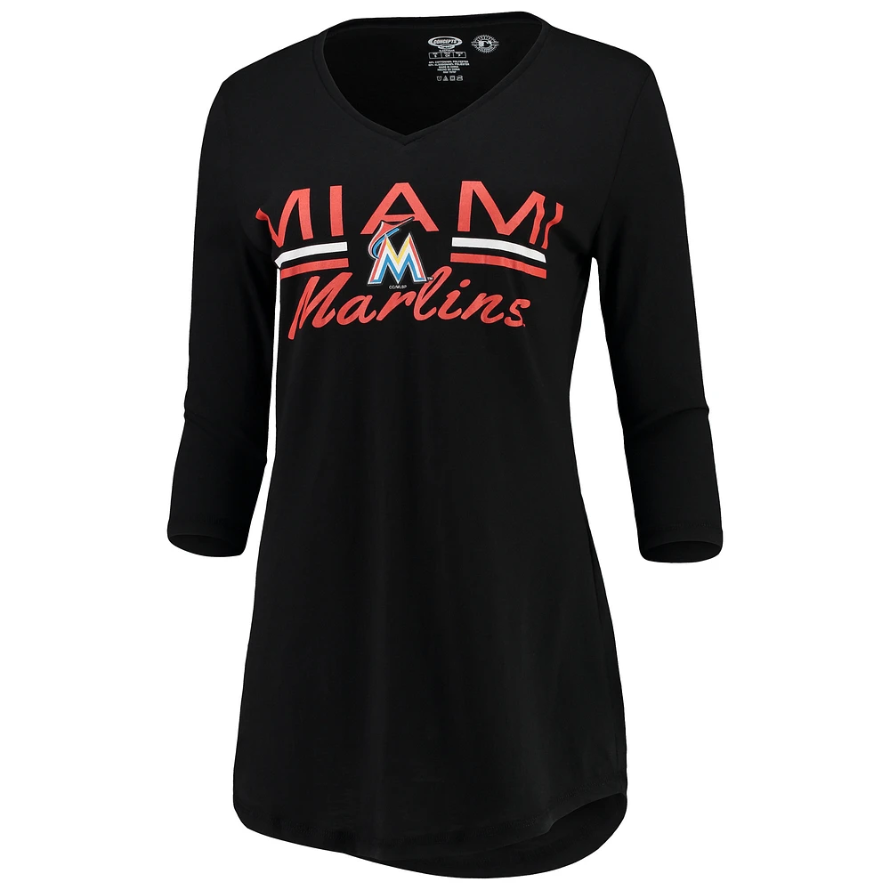 Women's Concepts Sport Black Miami Marlins Duo 3/4-Sleeve V-Neck Nightshirt