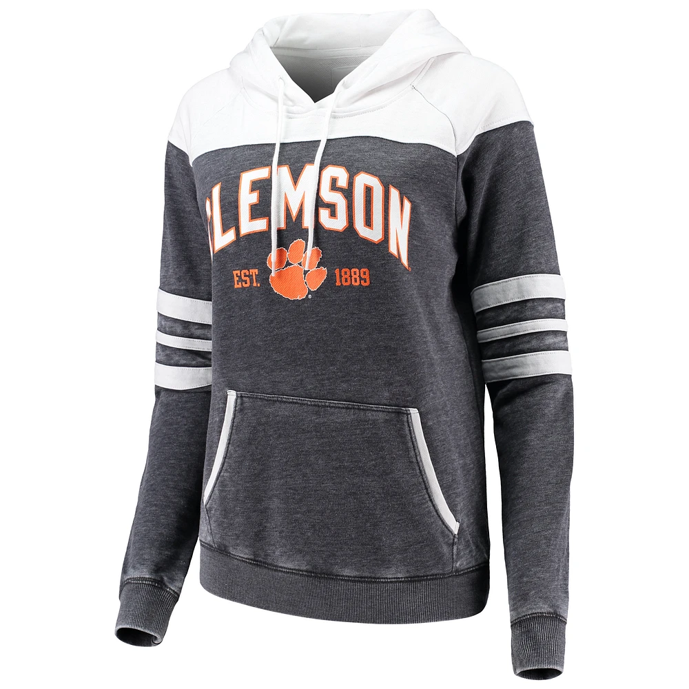 Women's Heathered Charcoal/White Clemson Tigers Blitz Sleeve Striped Blocked Raglan Hoodie