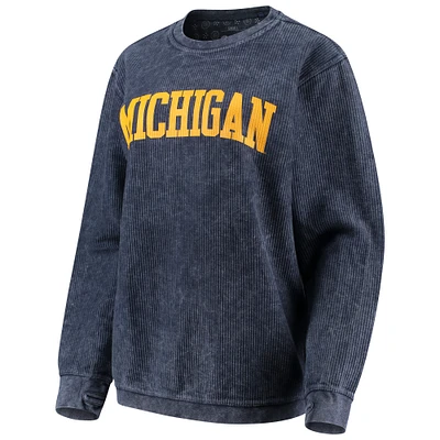 Women's Pressbox Navy Michigan Wolverines Comfy Cord Vintage Wash Basic Arch Pullover Sweatshirt