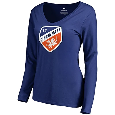 Women's Royal FC Cincinnati Primary Logo Long Sleeve V-Neck T-Shirt
