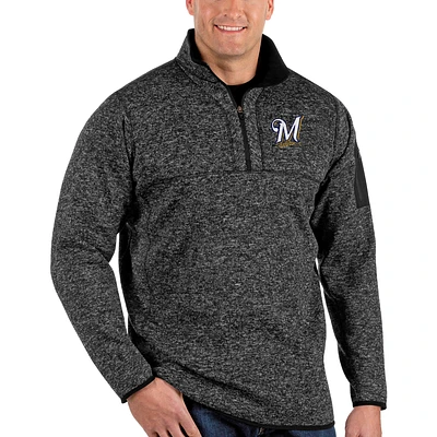 Men's Antigua Heather Black Milwaukee Brewers Fortune Big & Tall Quarter-Zip Pullover Jacket