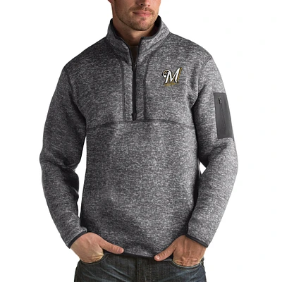 Men's Antigua Heather Charcoal Milwaukee Brewers Fortune Big & Tall Quarter-Zip Pullover Jacket