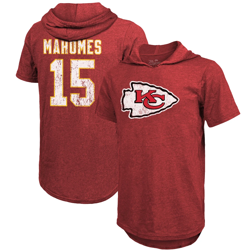 Men's Majestic Threads Patrick Mahomes Red Kansas City Chiefs Player Name & Number Tri-Blend Slim Fit Hoodie T-Shirt